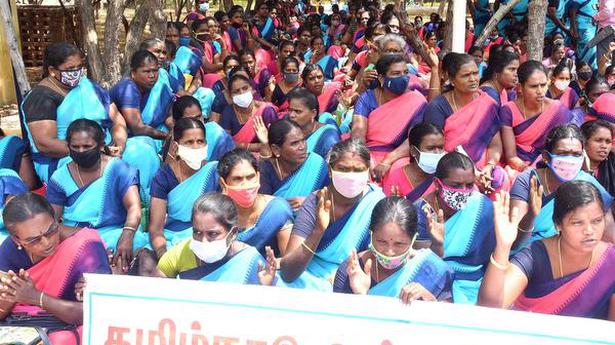 Wait-in protest by anganwadi workers, helpers