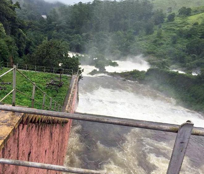 Water gushing out of surplus vents of Mullaperiyar dam draining into Kerala side.
