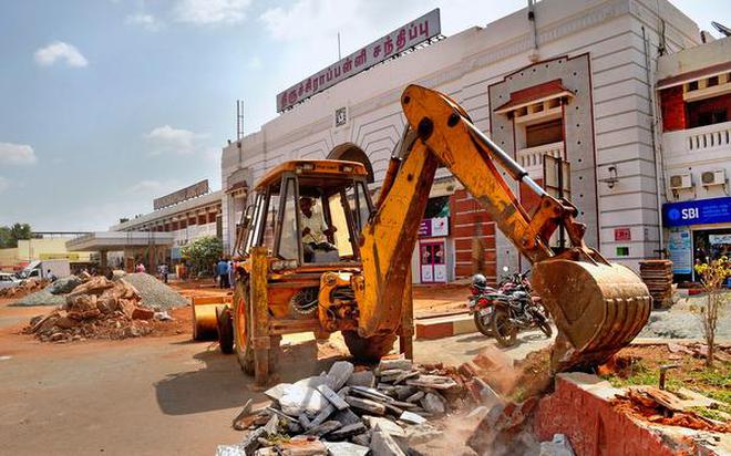 Civil works under way at Tiruchi railway junction as part of station redevelopment project in Tiruchi on Monday.