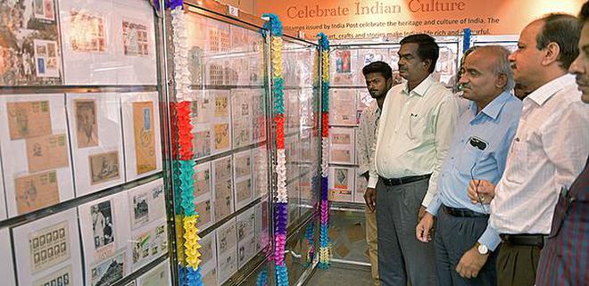Stamps and postal covers on display at the Philatelic Bureau in Tiruchi on Friday.