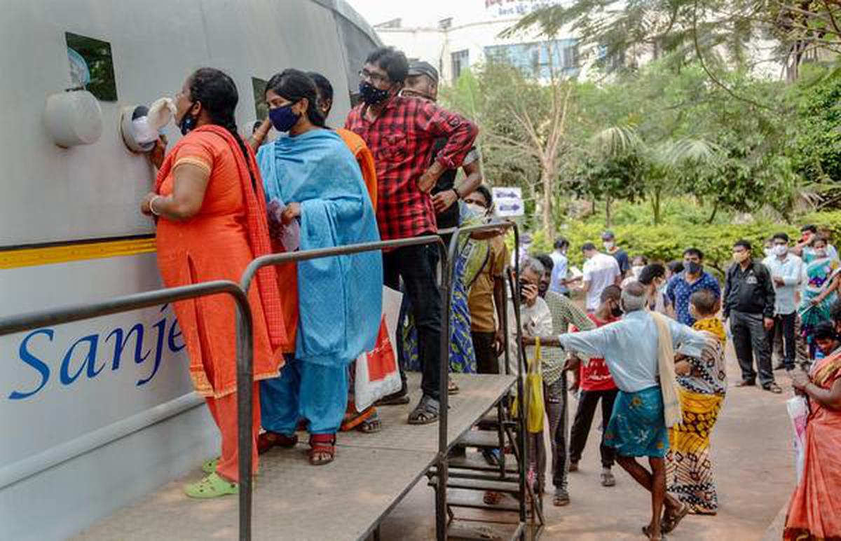 People undergoing COVID tests at the ENT hospital in Visakhapatnam on Saturday.