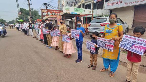 Thousands form human chain to protest planned privatisation of Visakhapatnam Steel Plant