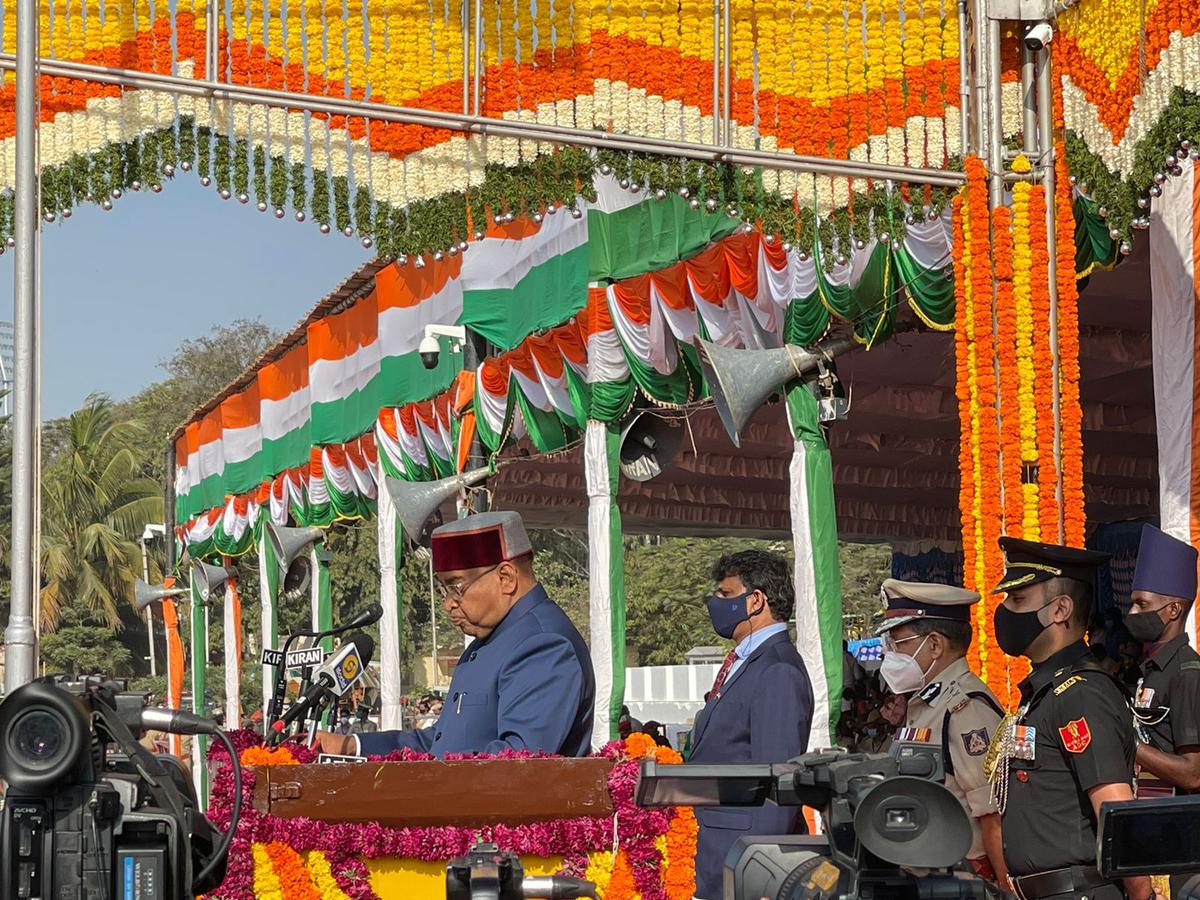 Karnataka Governor Thaawar Chand Gehlot addresses the gathering at the 2022 Republic Day Parade at Field Marshal Manekshaw Parade Ground in Bengaluru on January 26, 2022.