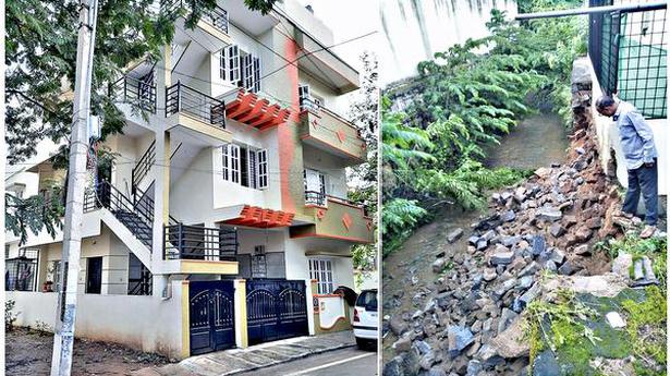 Heavy rain leads to collapse of compound wall of house and retaining wall of drain