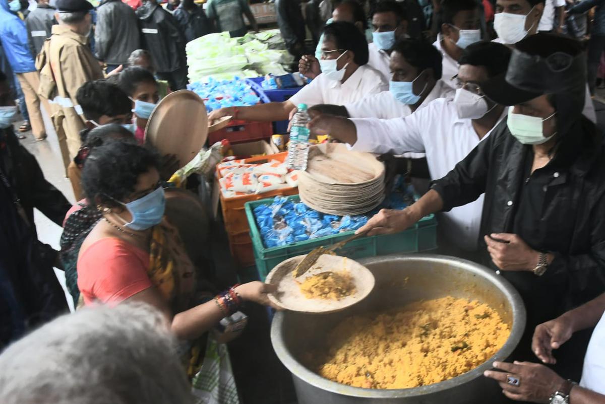 Tamil Nadu Chief Minister M.K. Stalin distribute relief material at Old Washermanpet in Chennai on Monday