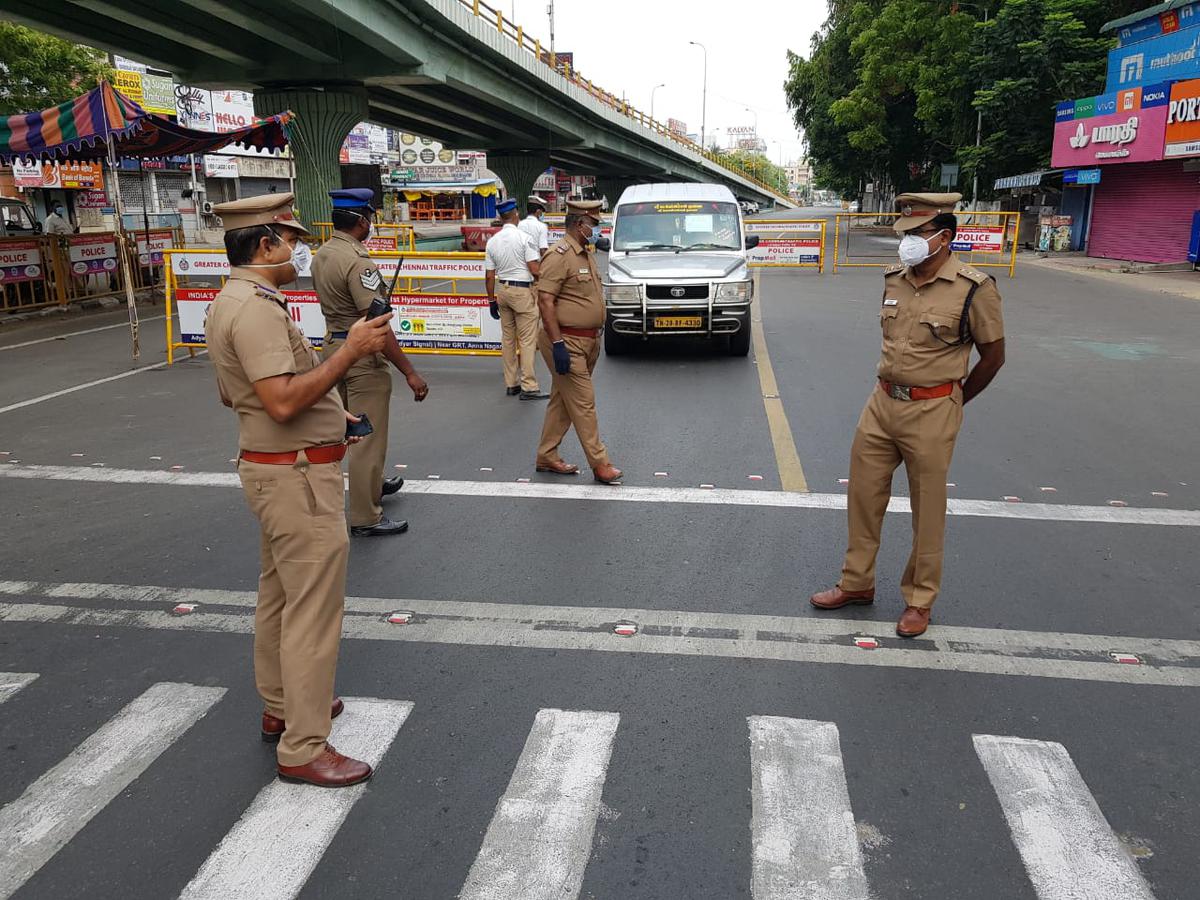 Police on duty during the complete lock down at Adyar on June 28, 2020