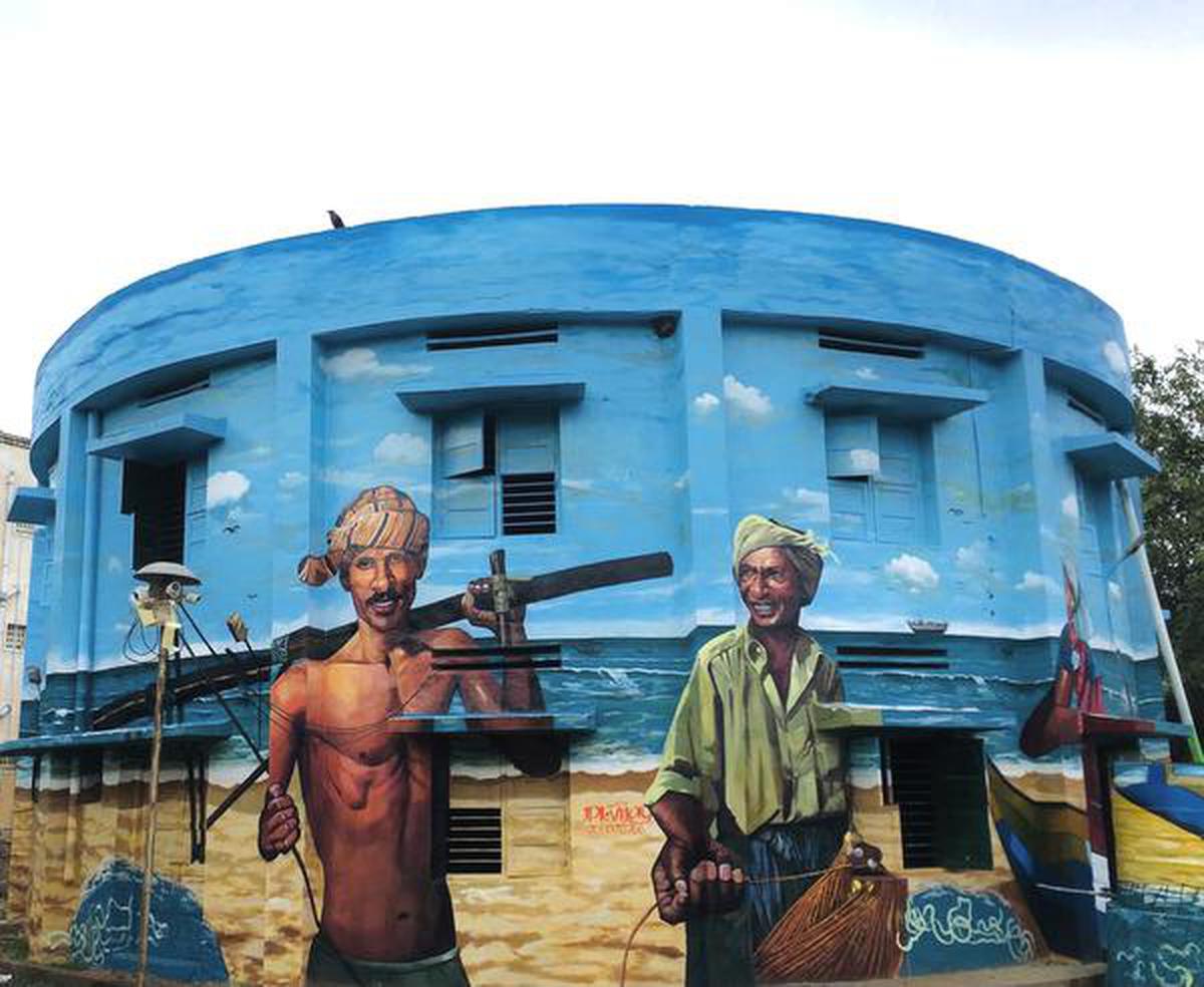 Vijay’s work on the facade of the former cyclone shelter and Amma Unavagam building in Kathivakkam