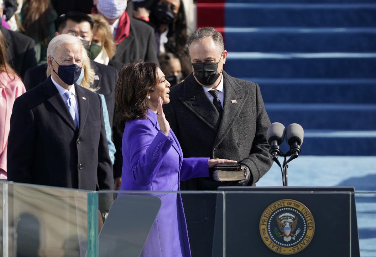 Kamala Harris is sworn in as Vice-President by Supreme Court Justice Sonia Sotomayor as her husband U.S. Second Gentleman Doug Emhoff holds the Bible during the inauguration of Joe Biden as the 46th US President on January 20, 2021 at the U.S. Capitol in Washington D.C.