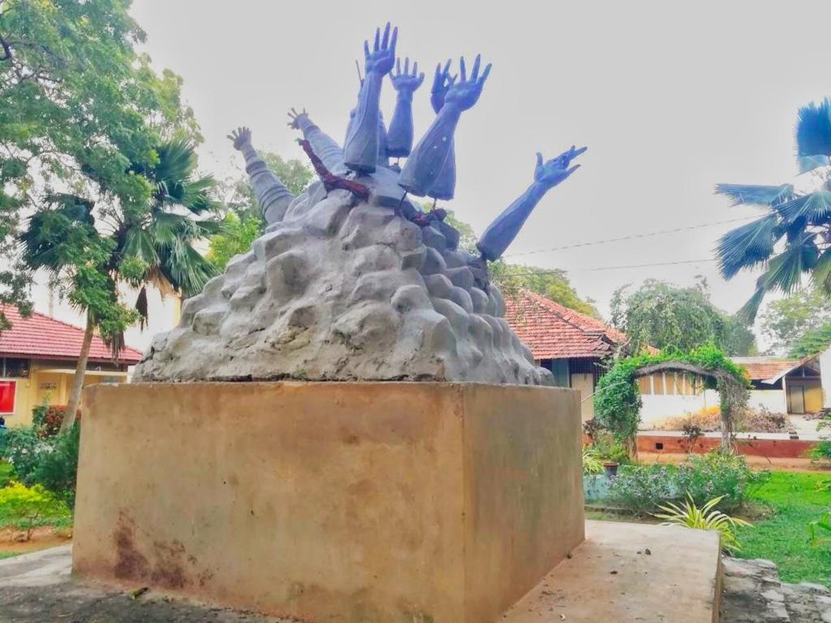 A photo of the war memorial that was removed from the campus of Jaffna University in Sri Lanka.