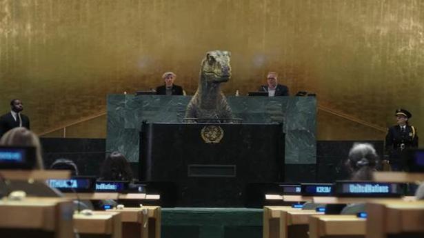 Dinosaur takes to UN General Assembly podium to tell world leaders: Don’t choose extinction