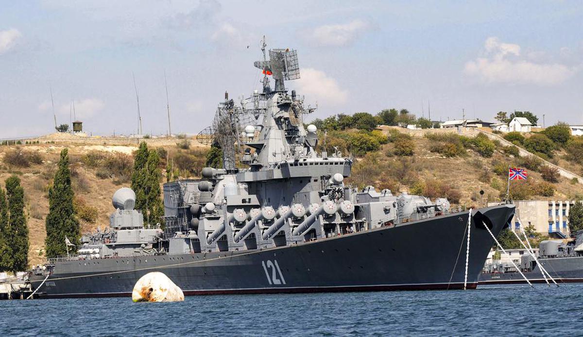 The Russian missile cruiser Moskva, the flagship of Russia’s Black Sea fleet seen anchored in the Black Sea port of Sevastopol. File Photo