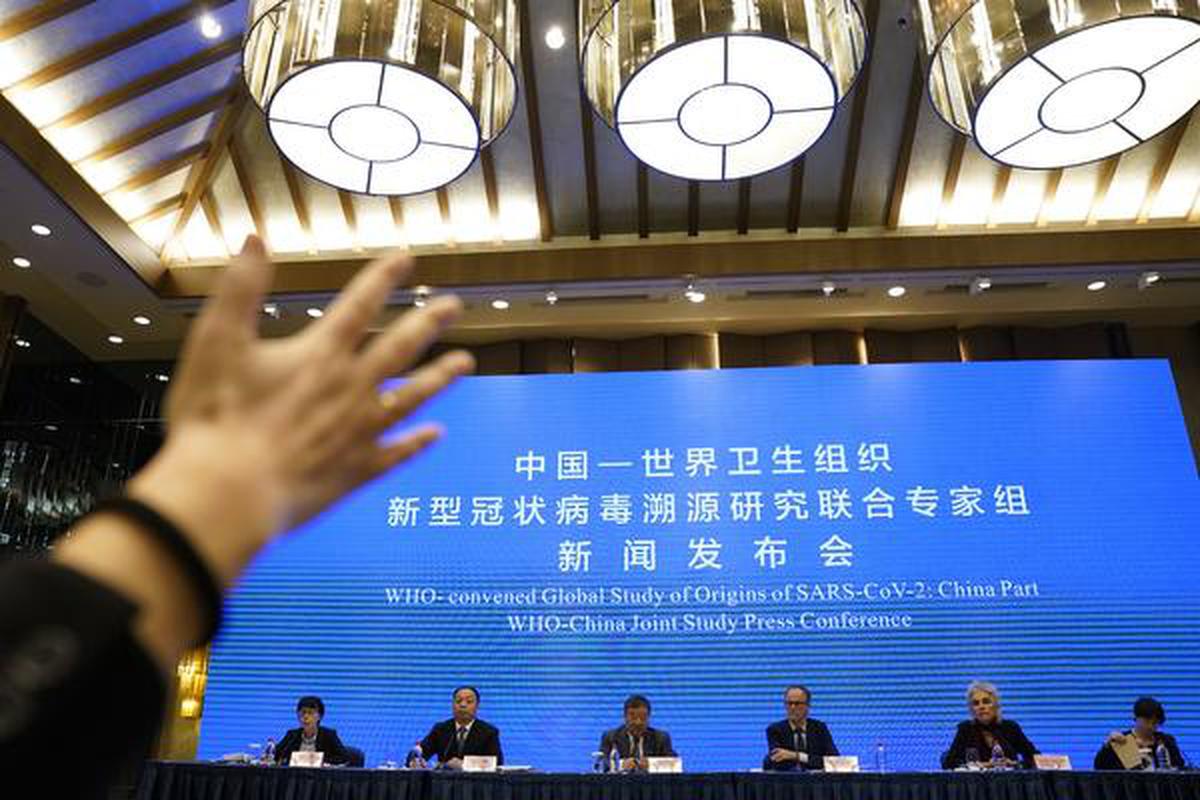 A view of the WHO-China joint study press conference at the end of WHO mission in Wuhan, on February 9, 2021.