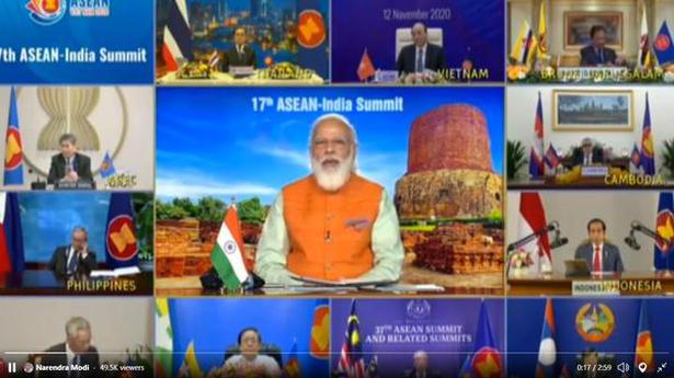Prime Minister Narendra Modi addresses the 17th ASEAN-India summit through videoconference, in New Delhi on November 12, 2020. Twitter/@narendramodi