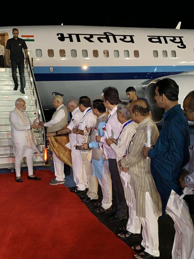 Prime Minister Narendra Modi arrives in Bengaluru late on September 5, 2019 to witness the soft-landing of Chandrayaan 2 Lander Vikram on the moon. Photo: Twitter/@PMOIndia