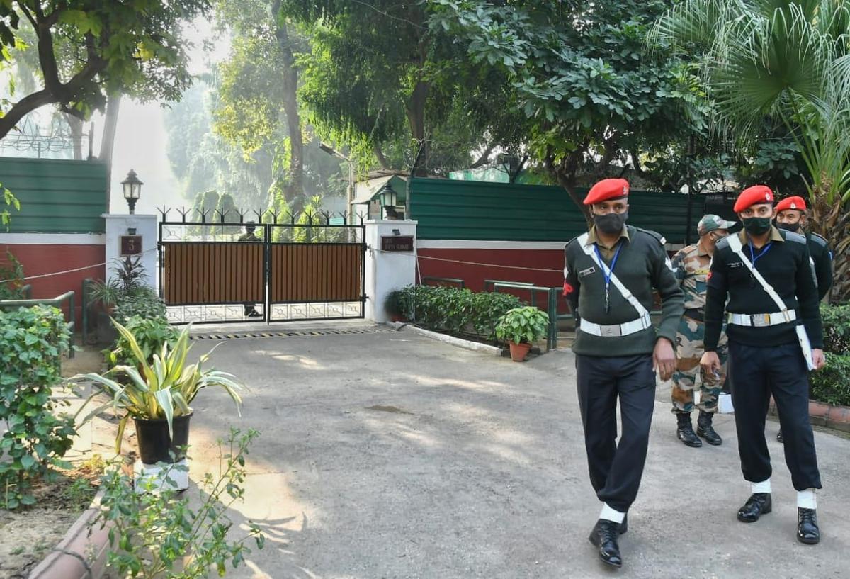Scene outside the Chief of Defence Staff General Bipin Rawat's residence in New Delhi, who died in a chopper crash on December 9, 2021