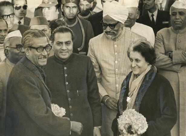Sheikh Mujibur Rehman seen with then Prime Minister Indira Gandhi and Union Ministers Jagjivan Ram, Moinul Haque Choudhry, Swaran Singh and Chavan in Delhi on January 11, 1972.