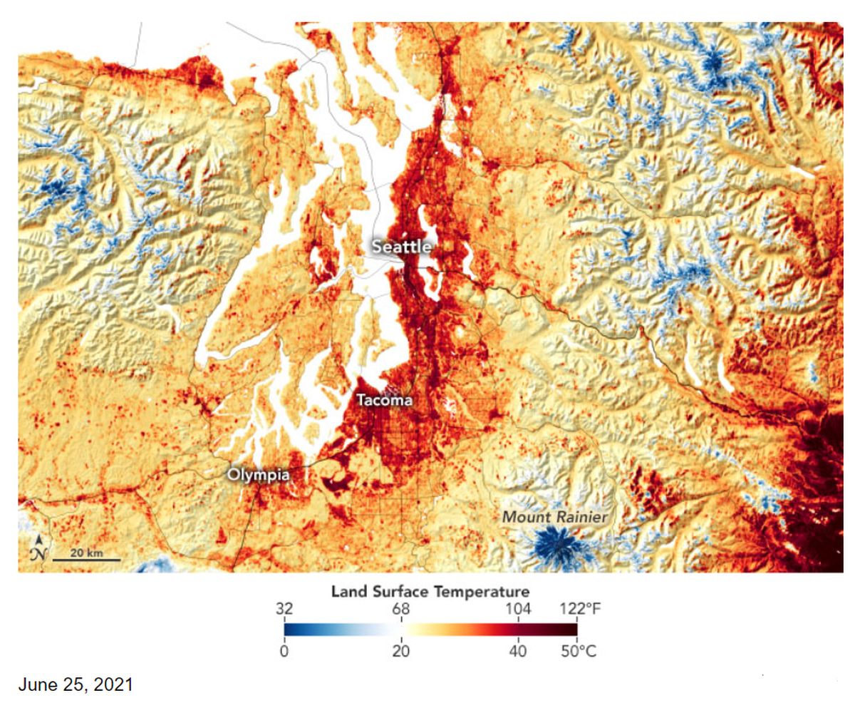 Land surface temperature around Seattle and Tacoma.