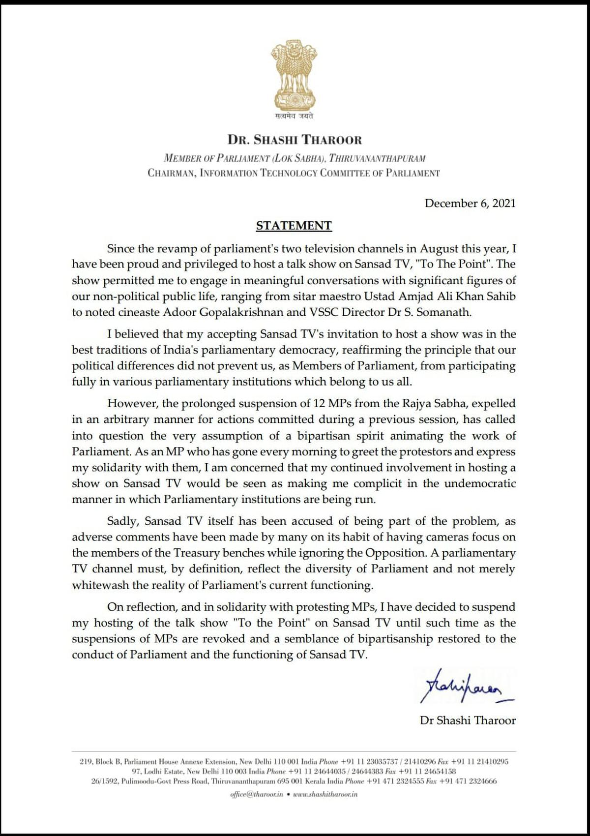 Statement by Congress MP Shashi Tharoor