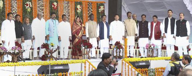 Madhya Pradesh Chief Minister Kamal Nath (left) with the newly inducted Ministers of his Cabinet after a swearing-in ceremony at Raj Bhawan in Bhopal, Madhya Pradesh on December 25, 2018.
