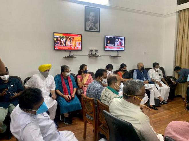 Congress leader Rahul Gandhi (not in picture), along with other Opposition party leaders, attended the meeting at the chamber of the Leader of Opposition in the Rajya Sabha Mallikarjun Kharge, in New Delhi on July 28, 2021. Photo: Twitter/@RahulGandhi