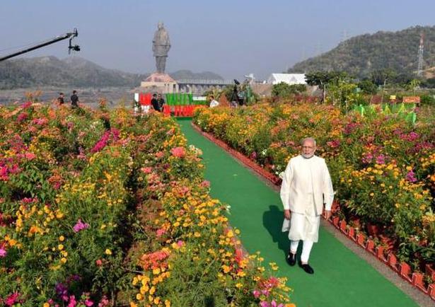Prime Minister Narendra Modi afterunveiling the 182-metre high ‘Statue of Unity’ in honour of Sardar Vallabhbhai Patel, Kevadiya Colony, Sardar Sarovar Dam, Gujarat on Wednesday, October 31, 2018. Mr. also inaugurated a 17-km-long Valley of flowers, a Tent City for tourists near the statue.