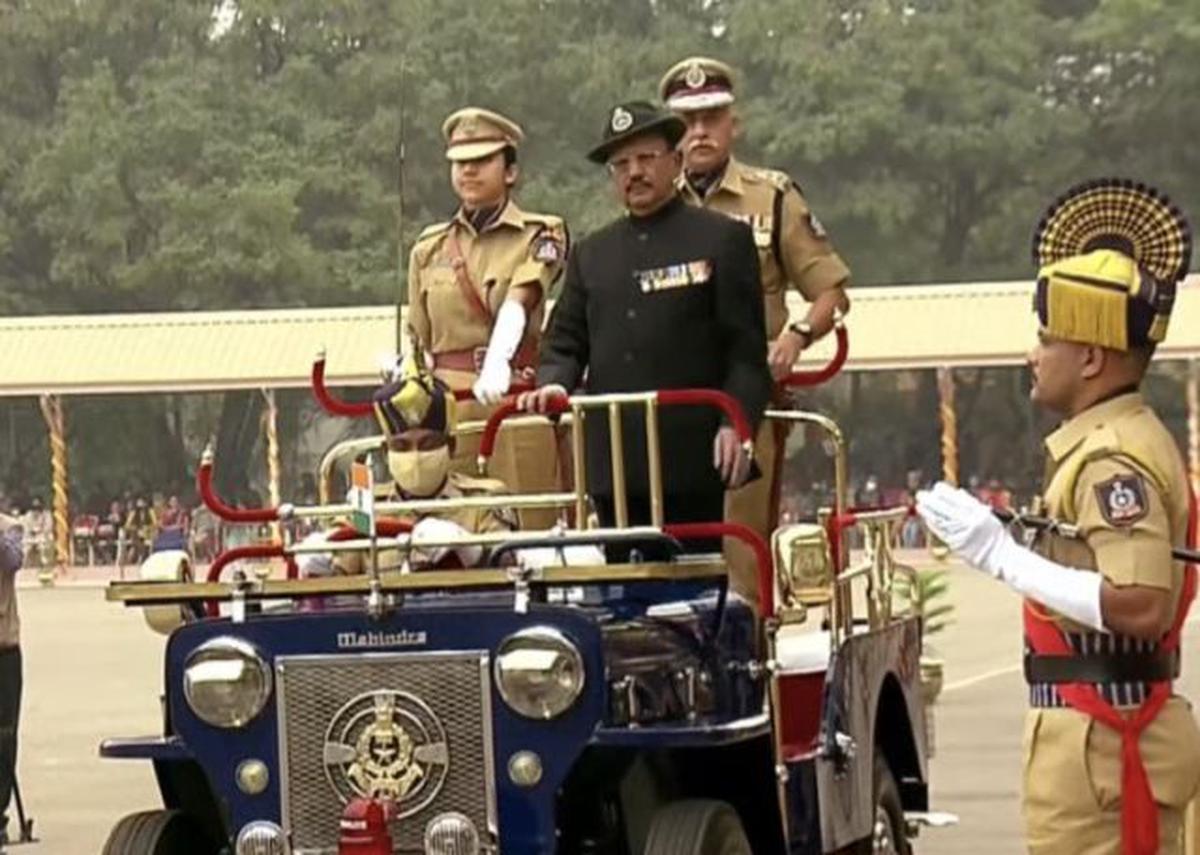 National Security Advisor Ajit Doval during the Dikshat Parade (passing out parade) commanded by Darpan Ahluwalia (behind) at the Sardar Vallabhbhai Patel National Police Academy, Hyderabad.