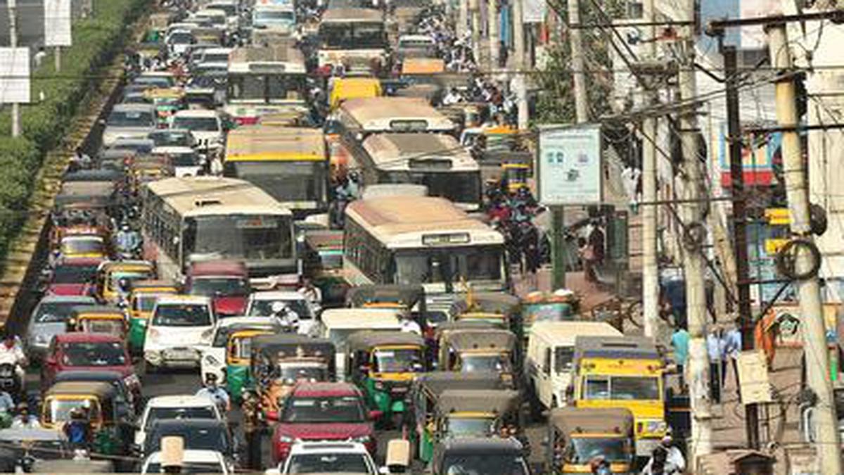 Traffic jam at Benz Circle - The Hindu