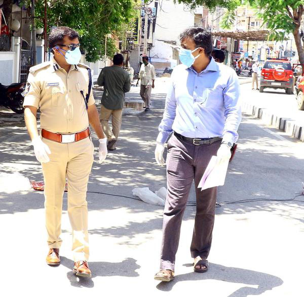 DIG Kanthi Rana Tata (right) inspecting a containment zone in Tirupati