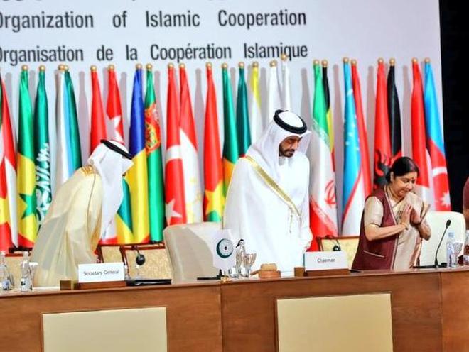 External Affairs Minister Sushma Swaraj being greeted by the present Chair of OIC Council of Foreign Ministers UAE Foreign Minister Sheikh Abdullah bin Zayed Al Nahyan. Photo courtesy: Twitter/@MEAIndia