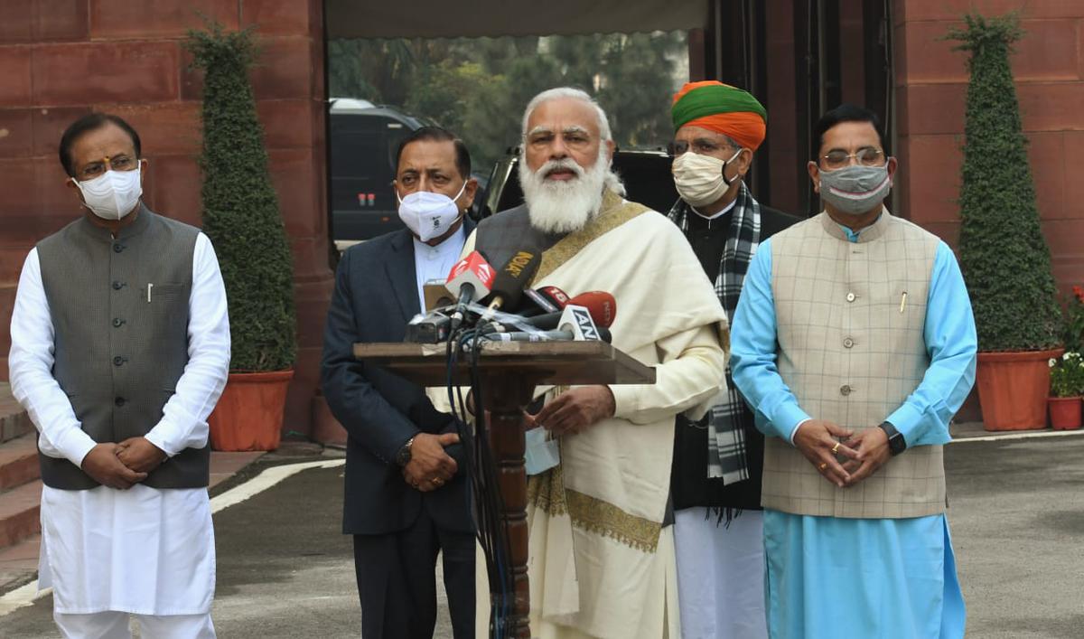 Prime Minister Narendra Modi speaks before the parliament session begins.
