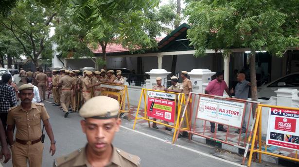 Security tightened at M. Karunanidhi's residence at Gopalapuram in Chennai on Tuesday.