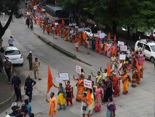 Supporters take part in a rally in Thane on August 28, 2018 to protest the move to ban the Sanatan Sanstha.