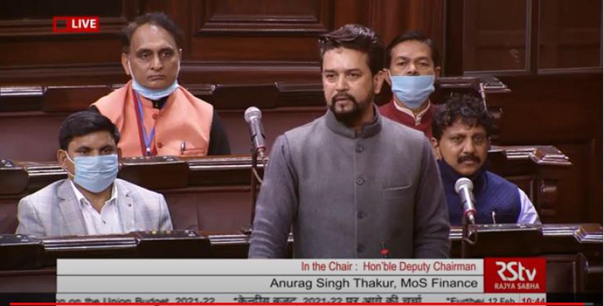 MoS Finance Anurag Singh Thakur addressing the Rajya Sabha during a discussion on the Union Budget on February 12, 2021.