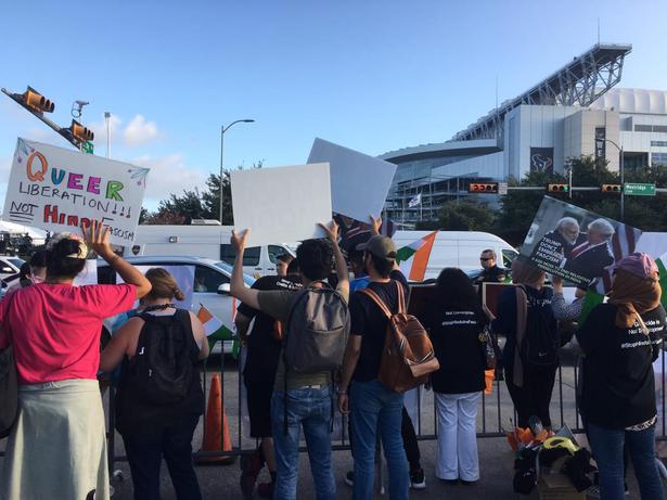 Protesters seen outside the venue of Howdy Modi event in Houston on September 22, 2019.