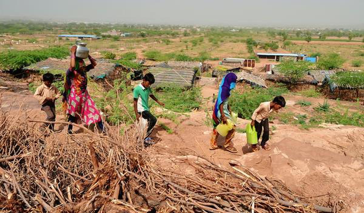 Pakistani Hindu migrant children return after fetching water from a well located more than 1.5 km away from their Anganwa settlement in Jodhpur district of Rajasthan.