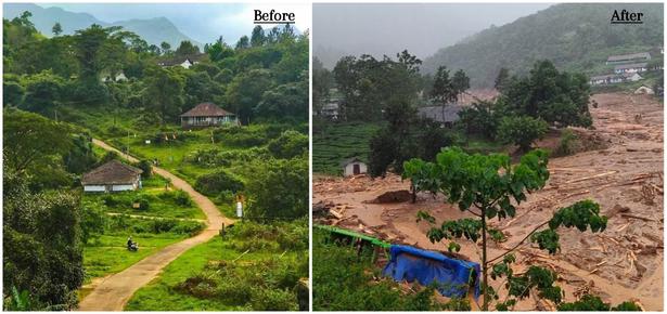 Puthumala in Wayanad district a few days before Thursday’s massive landslip that killed at least 4 persons (left), and Puthumala as it stands a day after the landslip (right).