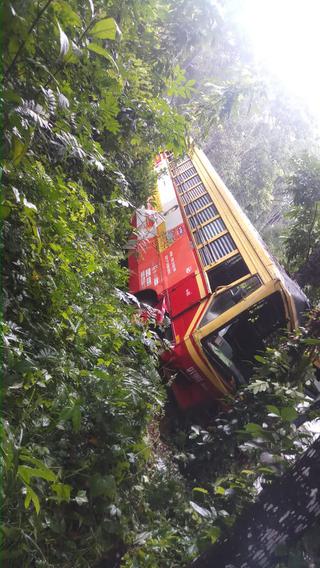 A KSRTC bus skidded off the road and plunged into a gorge near Nedumangad in Thiruvananthapuram