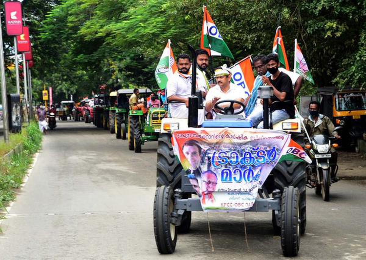 A group of farmers, under the banner of the Kerala Pradesh Congress Committee OBC (Other Backward Communities) department, take out a ‘tractor march’ from Kozhinjampara to Palakkad town on Thursday in protest against the farm Bills.