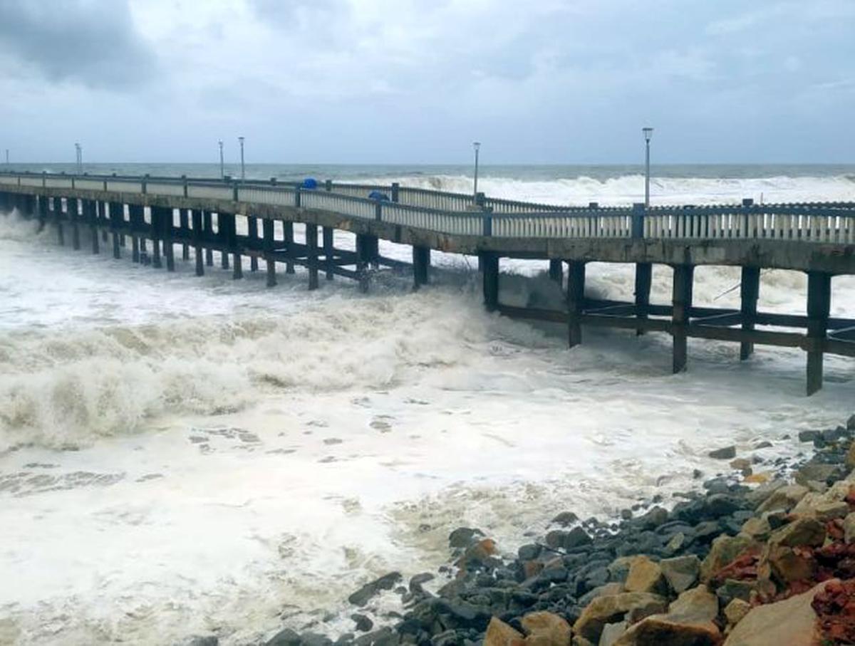 Valiyathura pier, a popular landmark in Thiruvananthapuram, damaged by battering waves on Saturday, May 15, 2021.