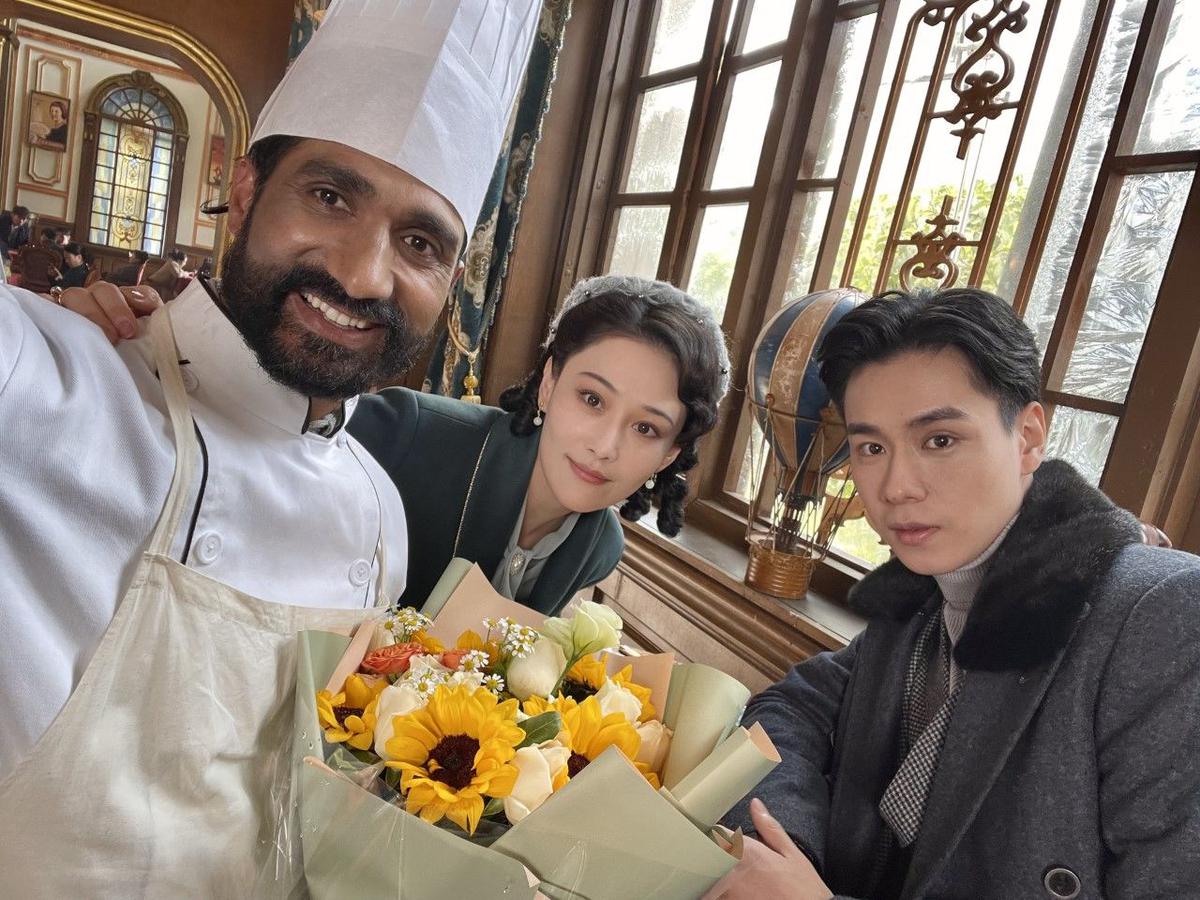 Dev Raturi with Chinese stars Zhang Xinyu and Hu Yitian on the set of the television drama “Checkmate”. Photo: Special Arrangement
