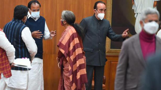Vice-President M. Venkaiah Naidu speaks to Finance Minister Nirmala Sitharaman during a meeting with leaders of political parties in the Rajya Sabha on January 31, 2021.