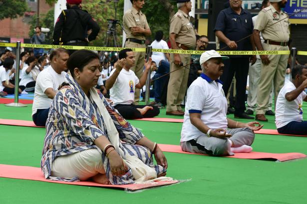 Union Textiles Minister Smriti Irani at a yoga day event in Chandigarh on June 21, 2018.
