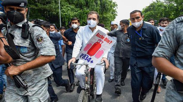 Rahul Gandhi reaches Parliament on a bicycle to protest against rising fuel prices