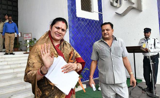 BJP MLA Neelam Abhay Mishra coming out of the Madhya Pradesh Assembly in Bhopal on Tuesday.