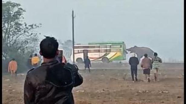 Tusker pushes passenger bus in Odisha