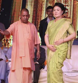 Historical links: Yogi Adityanath with South Korean First Lady Kim Jung-sook at the âDeepotsavâ in Ayodhya.