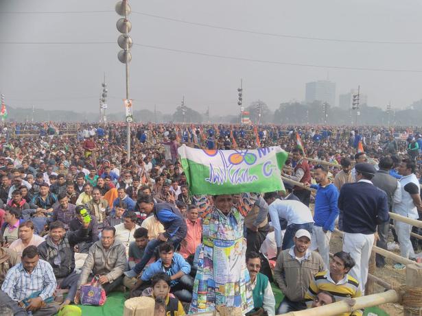 People gather at Brigade Parade ground in Kolkata for the Opposition party rally led by Mamata Banerjee, January 19, 2019