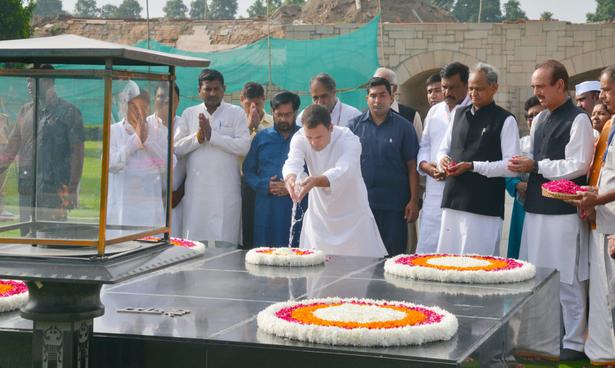 Congress president Rahul Gandhi at Rajghat on Monday.
