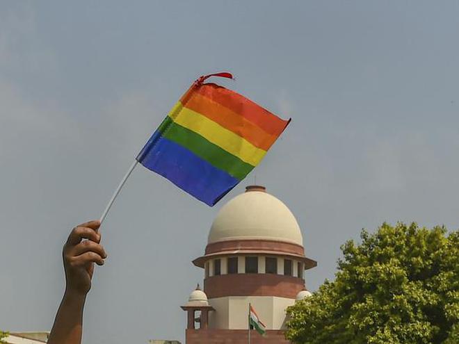 An activist waves a rainbow flag (LGBT pride flag) after the Supreme Court verdict, in New Delhi on September 6, 2018.