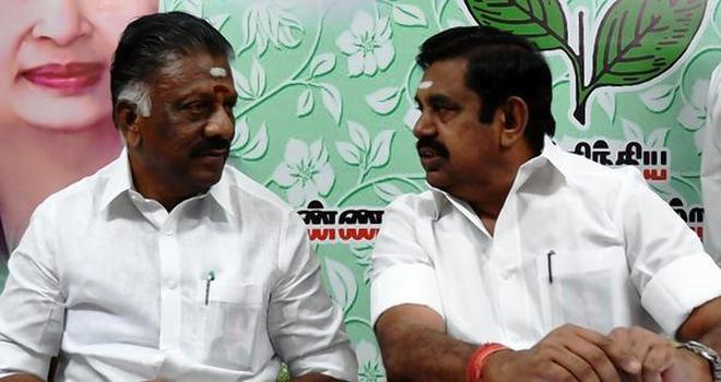 Collective leadership: Deputy Chief Minister and AIADMK Coordinator O. Panneerselvam and Chief Minister and co-coordinator Edappadi K. Palaniswami at the district secretaries’ meeting of the party.